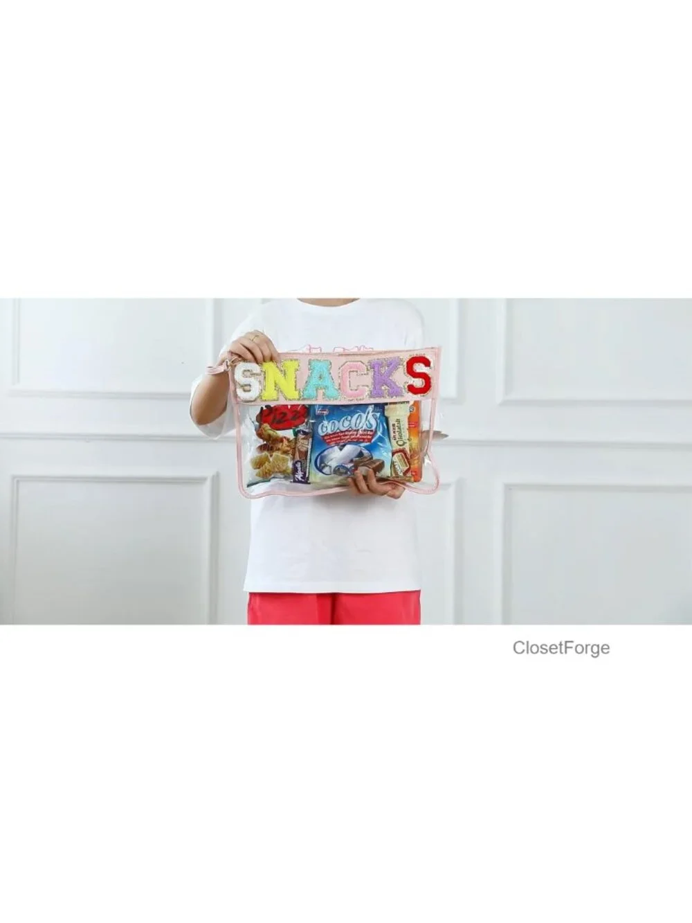 Clear PVC Makeup Bag Tote with Chenille Letter and Wrist Strap Large Waterproof